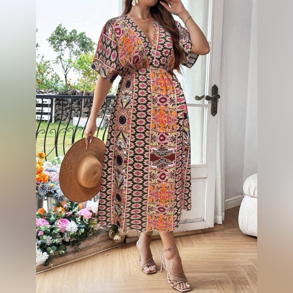 SHEIN Curve Dress Boho V-Neck Allover Print Empire Waist Midi 3XL Multi-Colorβ